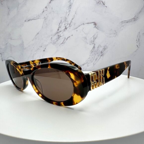 NEW MIU MIU Sunglasses Brown Oval Gold Spelled Out Logo New Authentic Tortoise - Picture 14 of 16